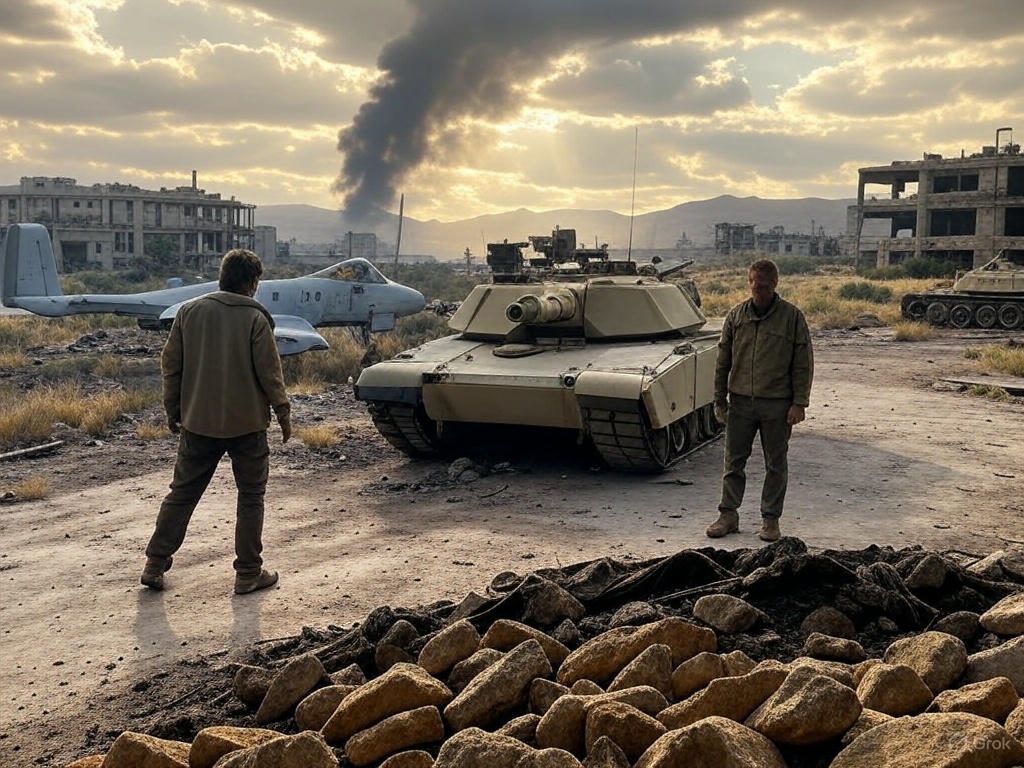 Two survivors discovering an old tank and A-10 in an abandoned hangar